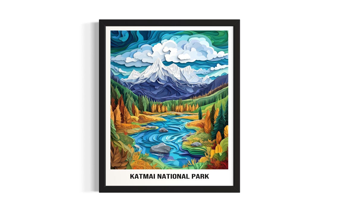 Katmai National Park Snowy Volcano Bright Blue River Scene Art Poster
