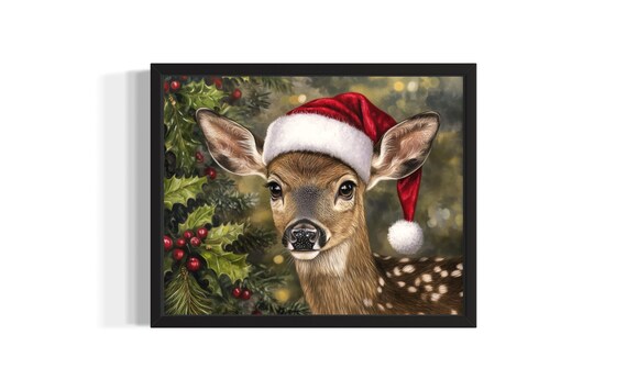 Baby Deer Fawn in Santa Hat with Holly Berries Christmas Art Poster