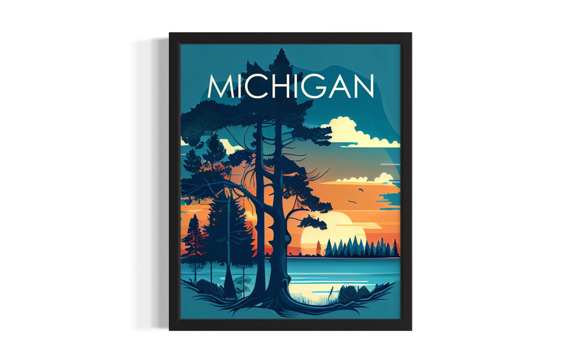 Michigan Sunset Pine Silhouette Lakeshore Retro Travel Poster