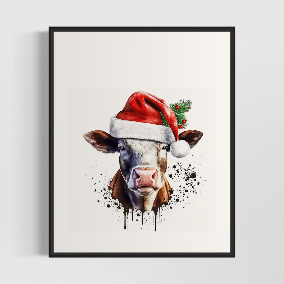 Cow Wearing A Santa Hat In Whimsical Christmas Watercolor Poster