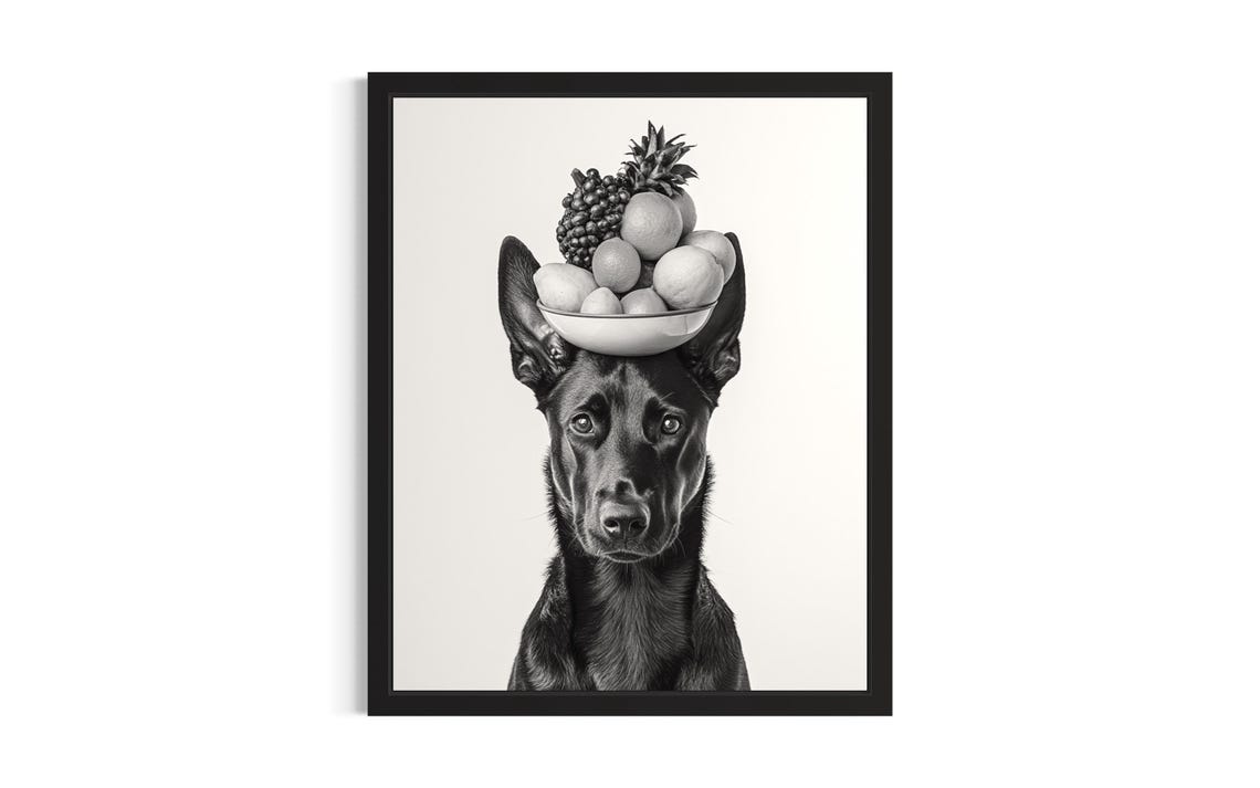 Belgian Malinois Balancing Fruit Bowl Black White Dog Portrait Poster