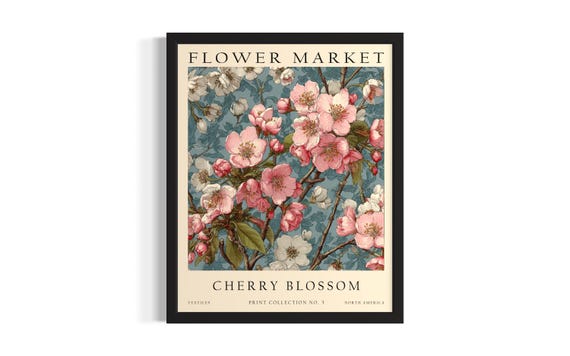Cherry Blossom Flower Market Poster Art Print Living Room Wall Original Painting Artwork Decor