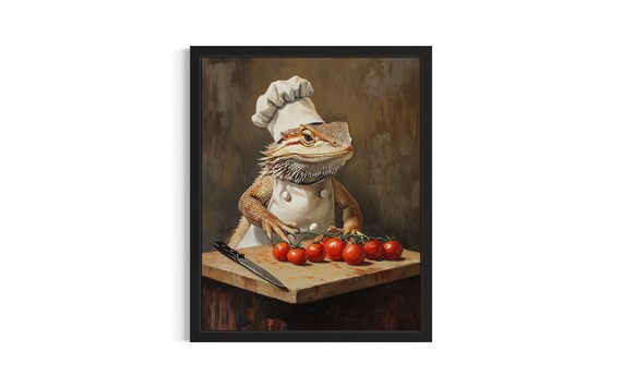 Bearded Dragon Animal Chef Poster Art Print Kitchen Wall Original Painting Artwork Decor
