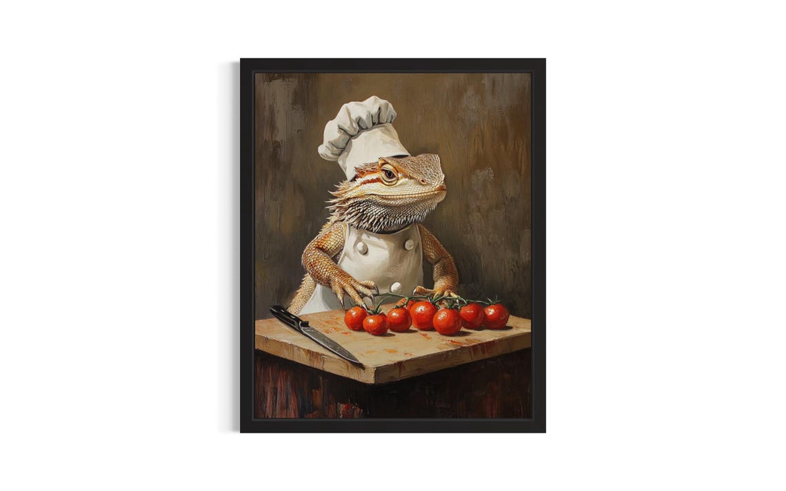 Bearded Dragon Chef Cherry Tomatoes Oil Painting Kitchen Poster