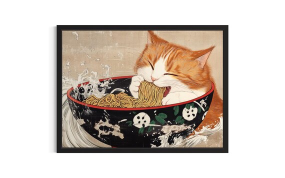 Orange Cat Slurping Ramen Japanese Woodblock Funny Kitchen Poster