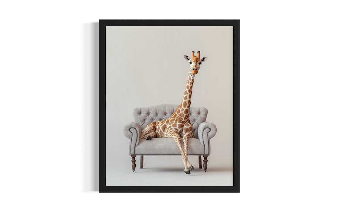 Giraffe Lounging on a Vintage Tufted Armchair Wildlife Portrait Poster