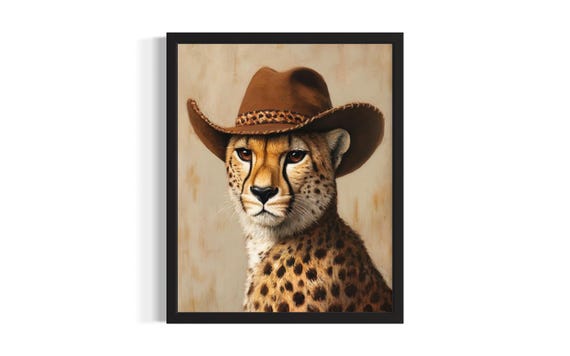 Cheetah Animal Cowboy Poster Art Print Living Room Wall Original Painting Artwork Decor