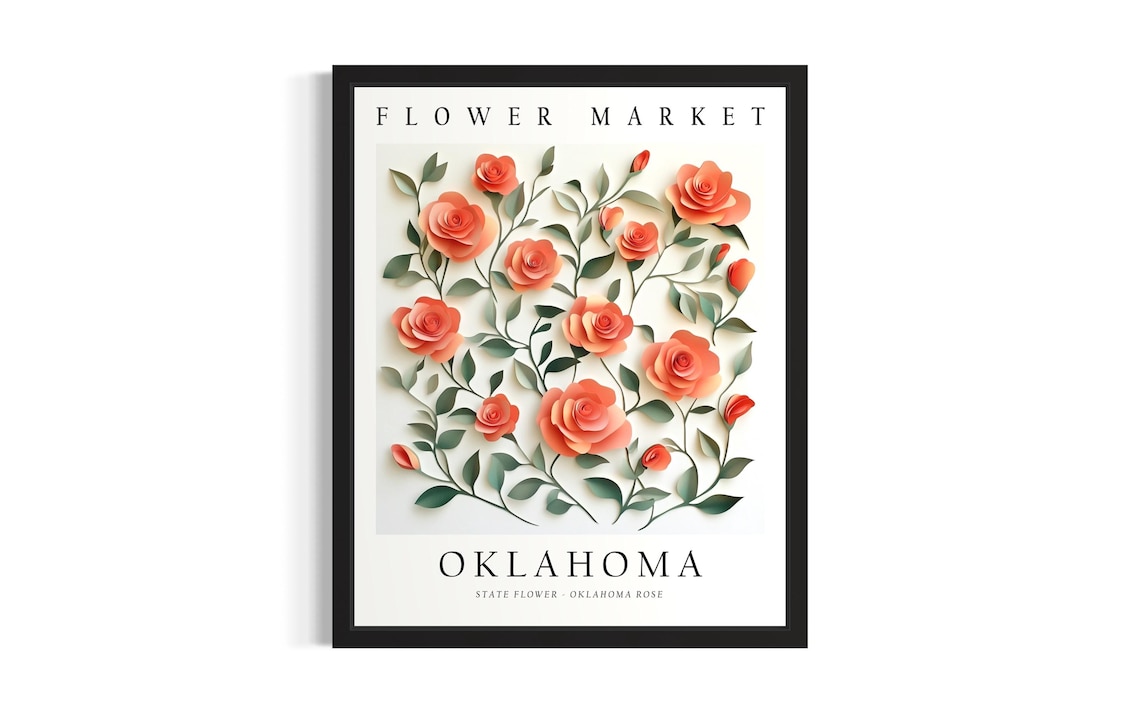 Oklahoma Coral Rose State Flower Market Botanical Art Poster