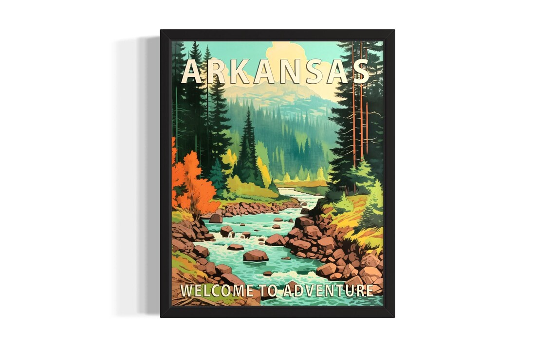 Arkansas Welcome to Adventure Mountain Stream Forest Travel Poster