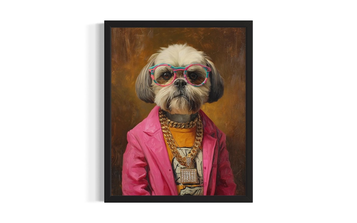 Shih Tzu Dog Hip Hop Portrait Pink Blazer Diamond Pendant Poster