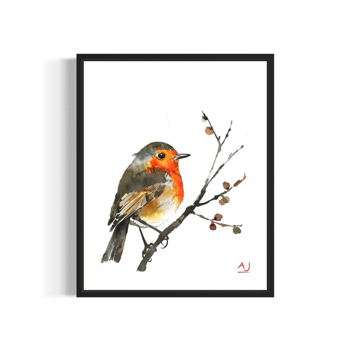 European Robin on a Twig Red Breast Watercolor Songbird Art Poster