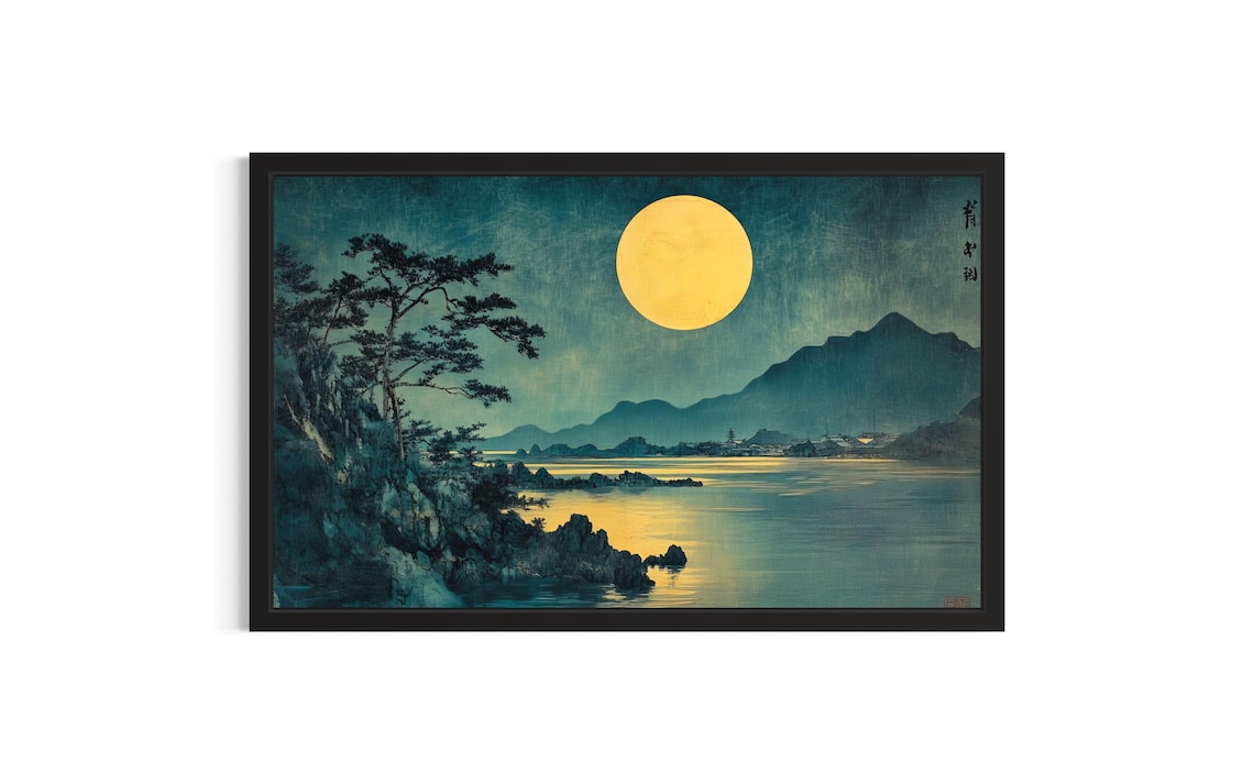 Full Moon Rising Over a Quiet Japanese Bay at Night Art Poster