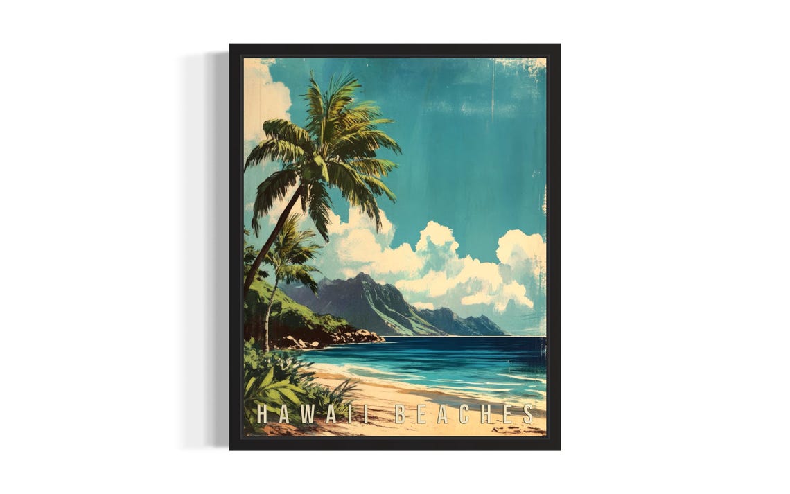 Hawaii Beaches Palm Tree Turquoise Bay Vintage Travel Poster