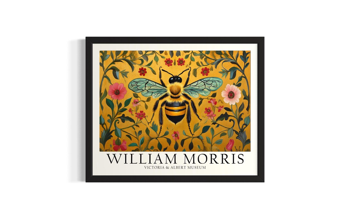 Honeybee on a Golden Floral Background William Morris Style Art Poster