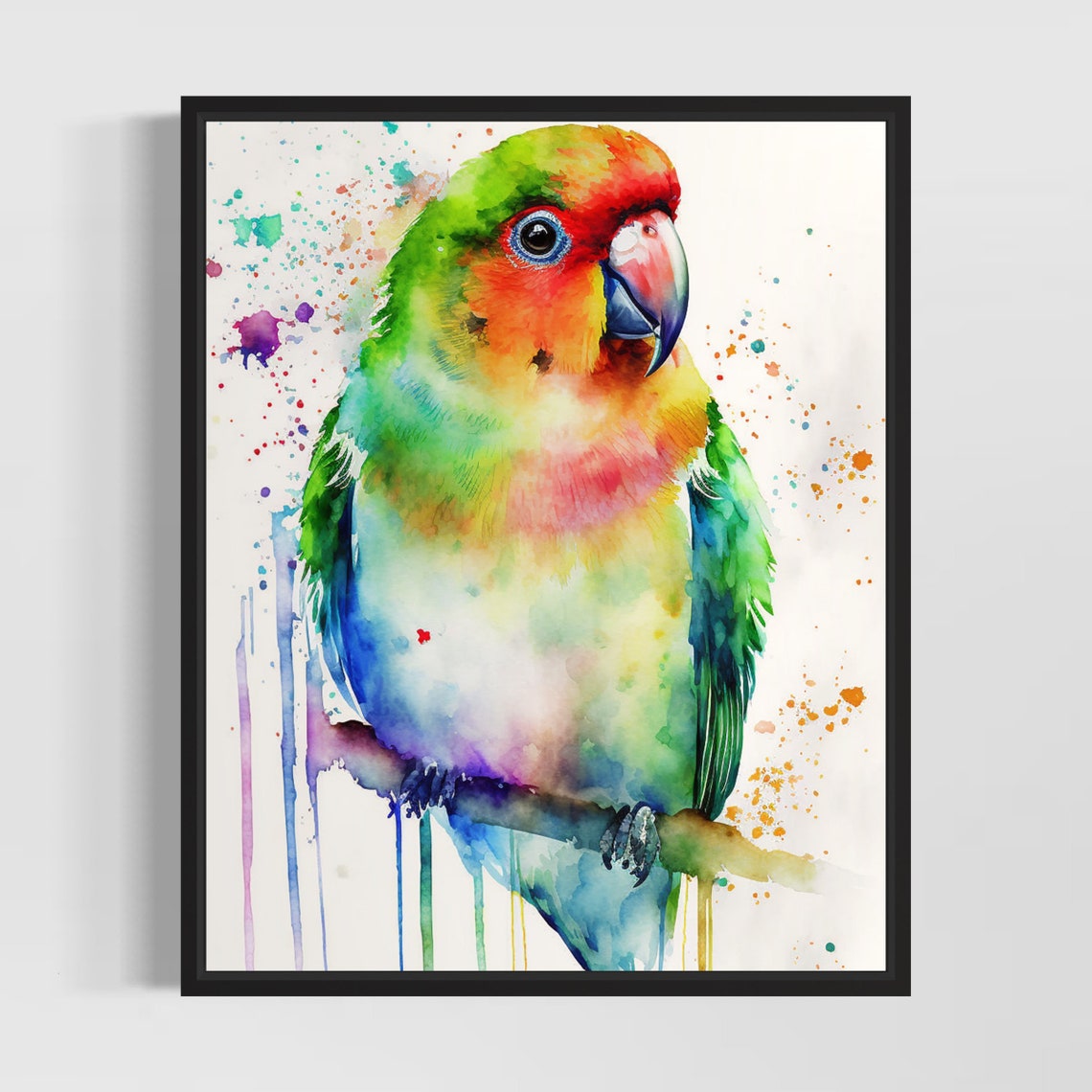 Rainbow Lovebird Perched On Branch Color Splash Watercolor Poster