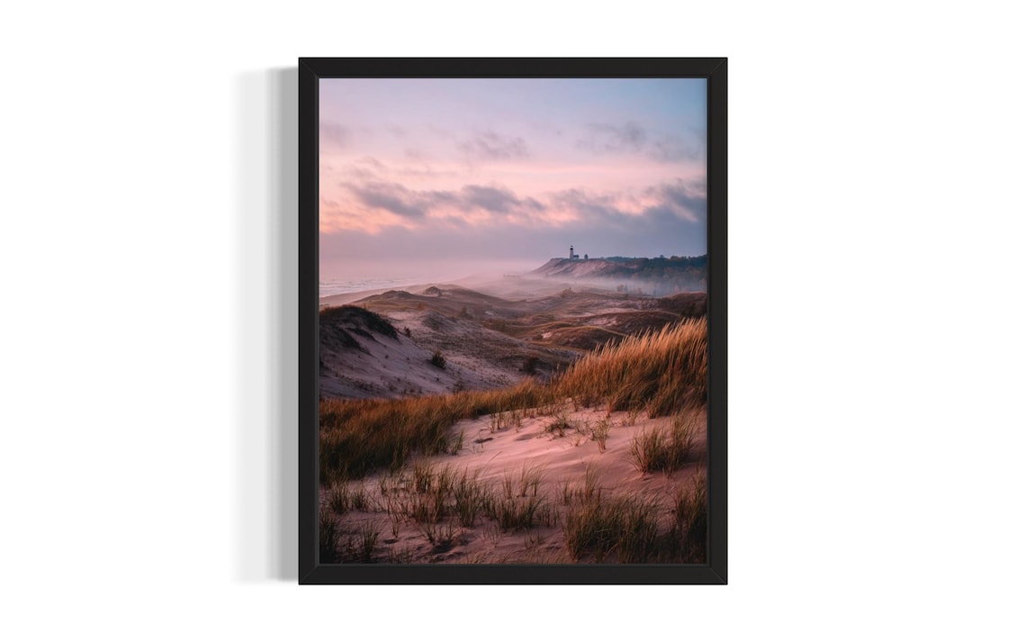 Michigan Sand Dunes Sunrise Lighthouse Misty Shore Photo Poster