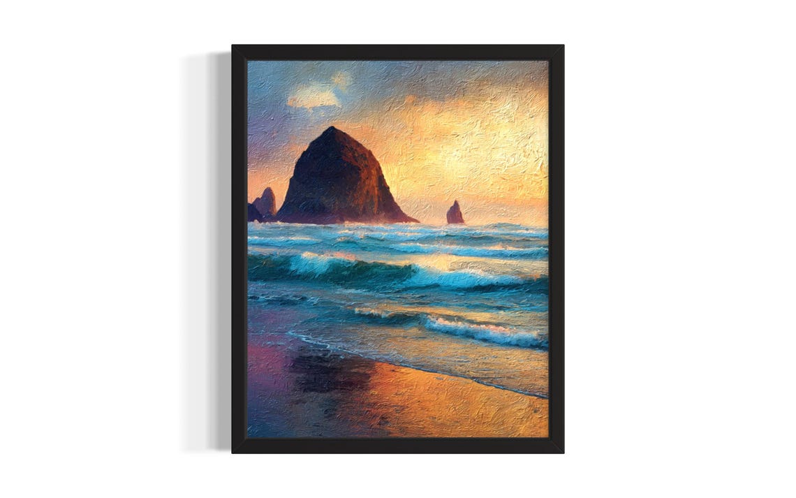 Haystack Rock Golden Sunset Waves Tall Sea Stack Ocean Poster