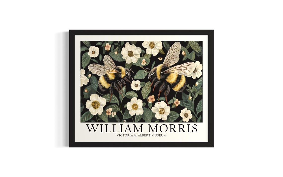 William Morris Bumblebees White Flower Botanical Garden Poster