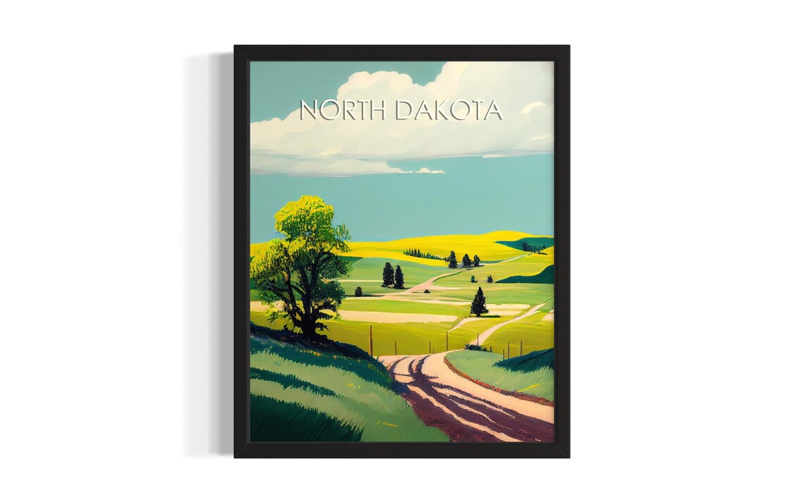 North Dakota Retro Country Road Rolling Green Hills View Poster
