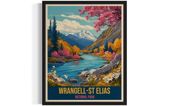 Wrangell St Elias National Park Mountain Valley Vintage Travel Poster