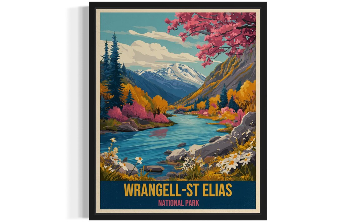 Wrangell St Elias National Park Mountain Valley Vintage Travel Poster