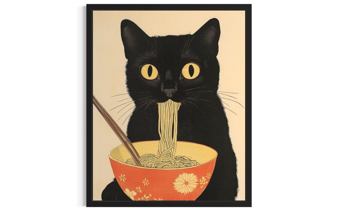 Black Cat Slurping Ramen Noodles In Kitchen Funny Cat Poster Art