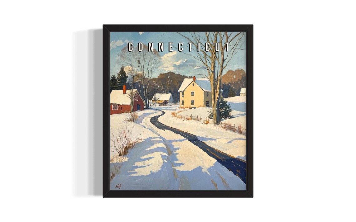 Connecticut Winter Snow Country Road Farmhouse Vintage Poster
