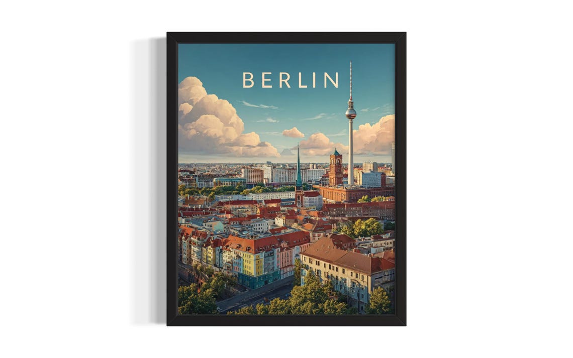 Berlin Skyline with TV Tower and Red Rooftops Vintage Travel Poster