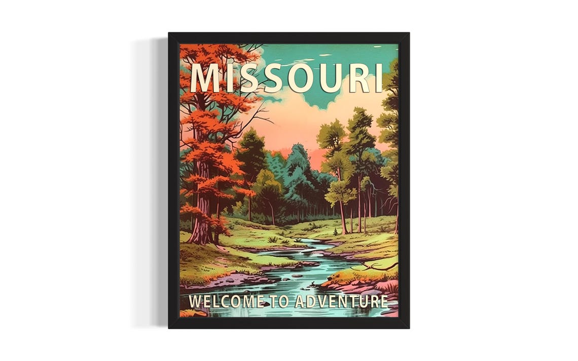 Missouri Welcome to Adventure Autumn Forest Stream Retro Travel Poster