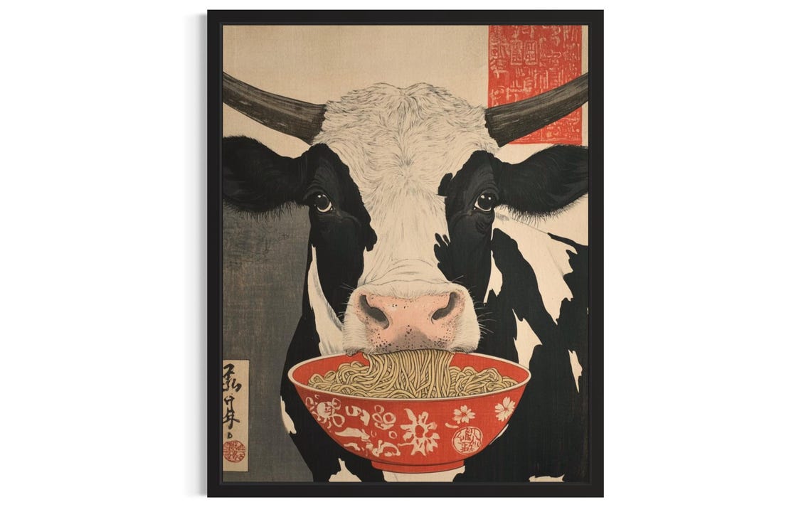 Cow Eating Ramen Noodles Japanese Woodblock Funny Kitchen Poster
