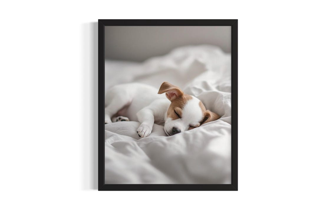 Tiny Puppy Sleeping on White Sheets Sweet Nursery Art Poster