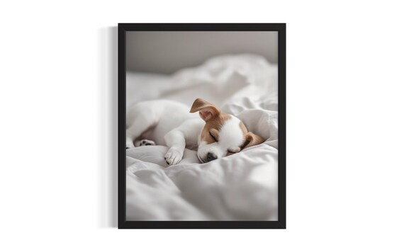 Tiny Puppy Sleeping on White Sheets Sweet Nursery Art Poster