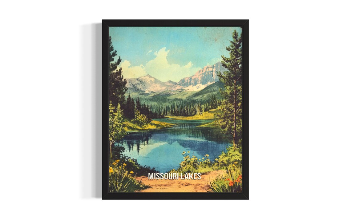 Missouri Lakes Mountain Lake Pines Snow Peaks Vintage Travel Poster