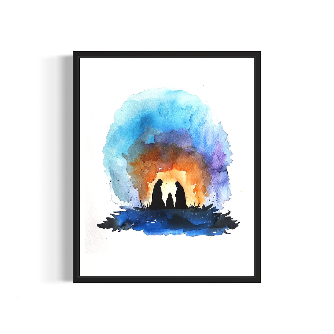 Atmospheric Nativity Silhouette in Blue Watercolor Art Poster