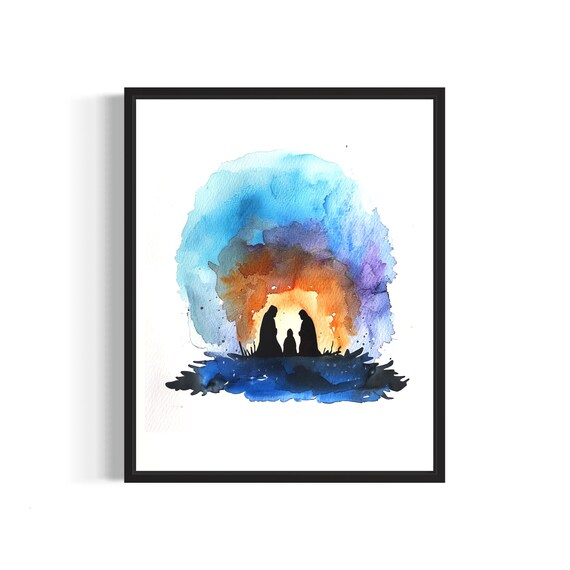 Atmospheric Nativity Silhouette in Blue Watercolor Art Poster