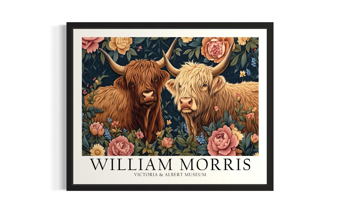 William Morris Highland Cow Pair In Flower Meadow Vintage Art Poster