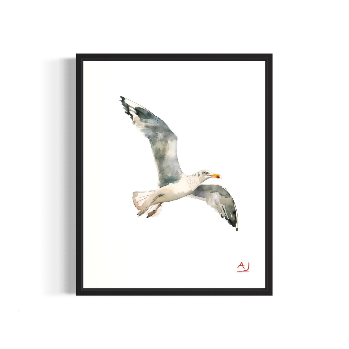 White Seagull in Flight Over Blue Watercolor Seabird Art Poster