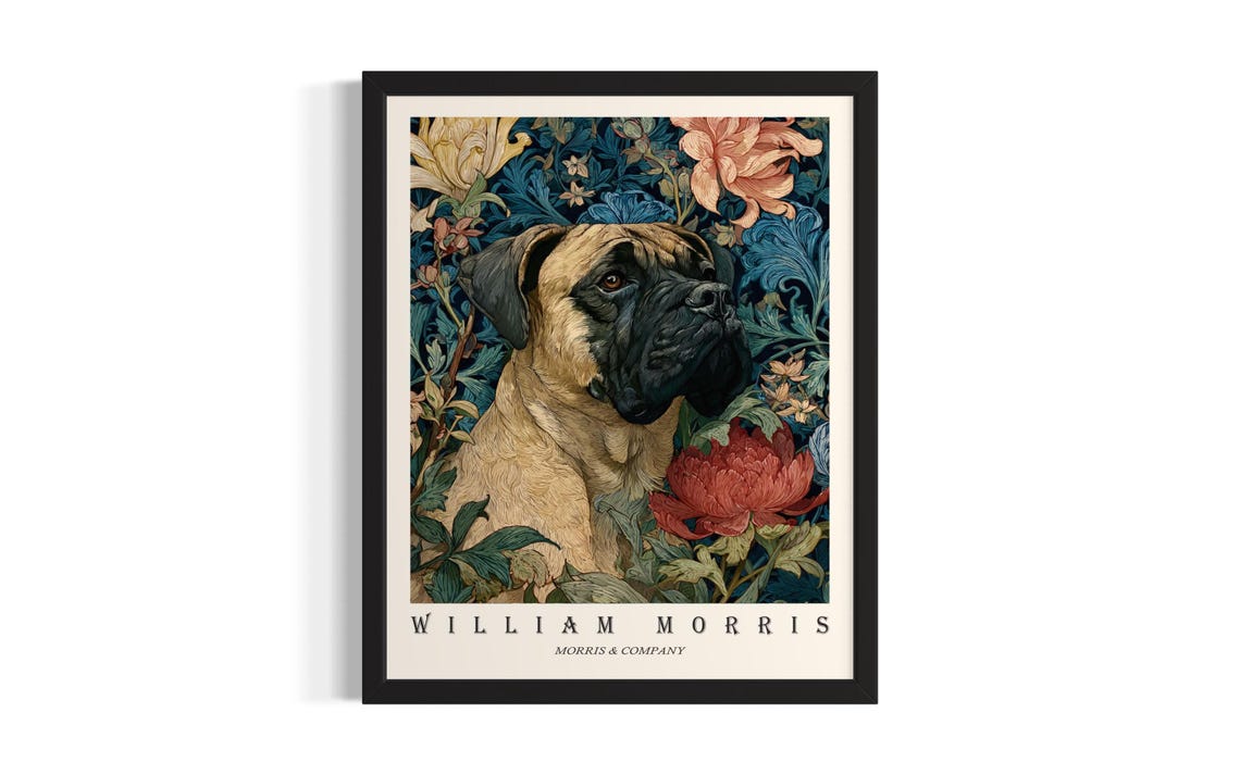 Bullmastiff William Morris Floral Botanical Dog Portrait Poster