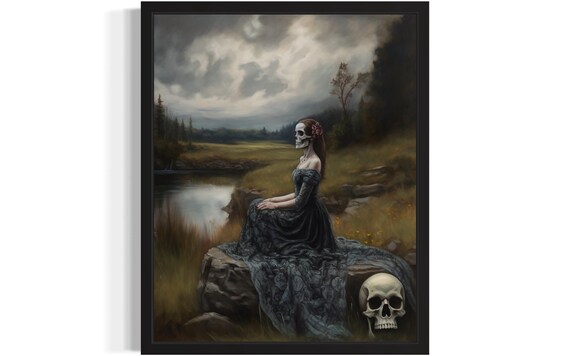 Skeletal Widow In Black Gown By A Lake Moody Painting Poster