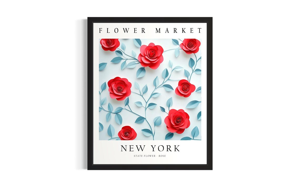 New York Red Rose State Flower Market Botanical Artwork Poster