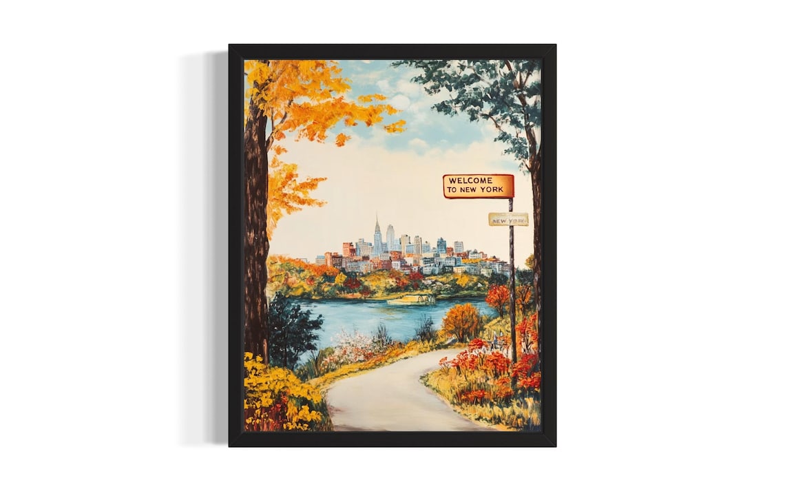 Welcome To New York Autumn City Skyline Lake Road Sign Poster