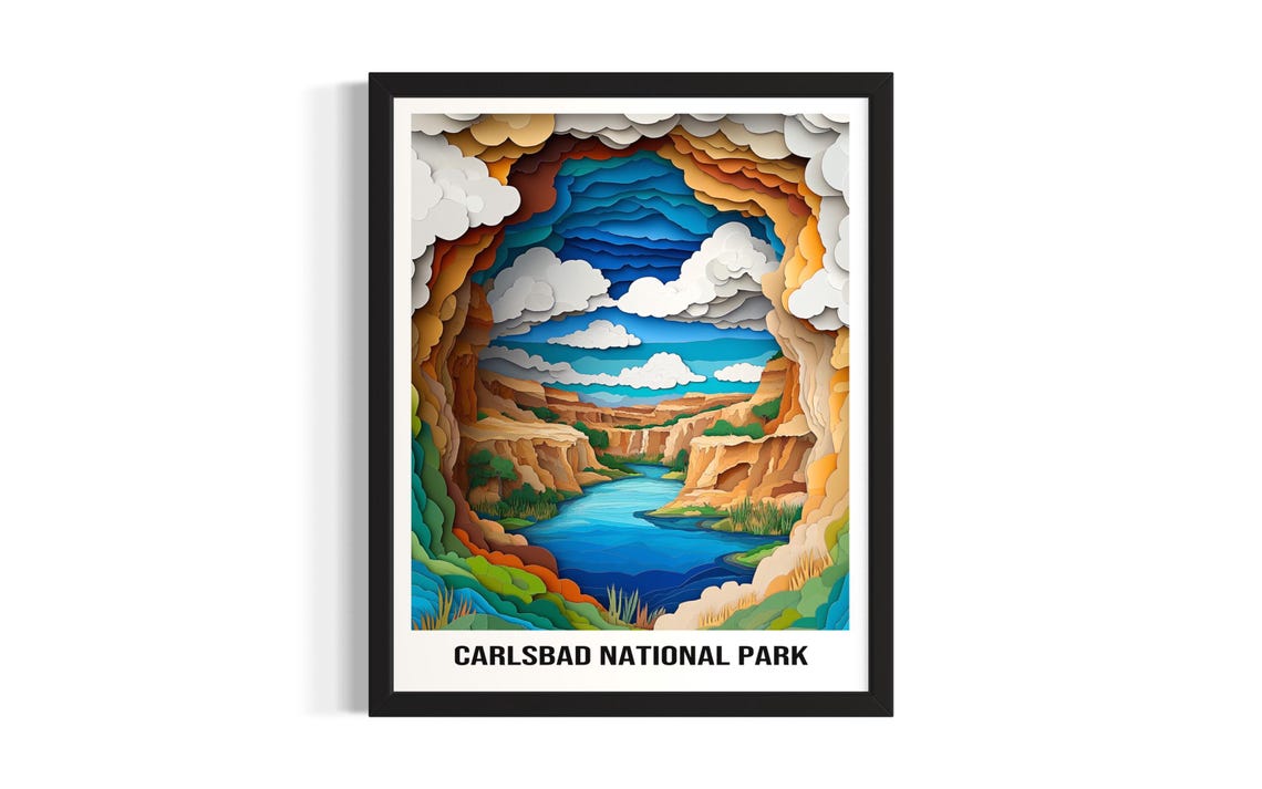 Carlsbad National Park 3D Paper Cut Cavern River Scene Poster