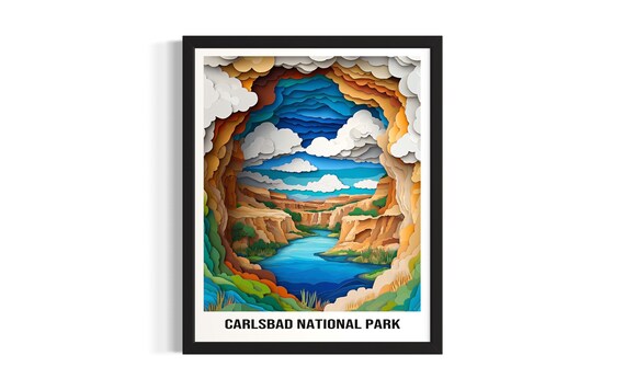 Carlsbad National Park 3D Paper Cut Cavern River Scene Poster