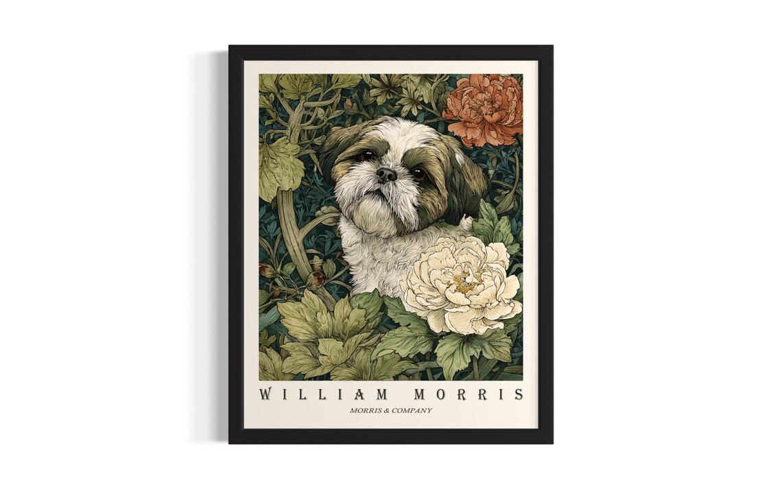 Shih Tzu William Morris Botanical Peony Floral Dog Portrait Poster