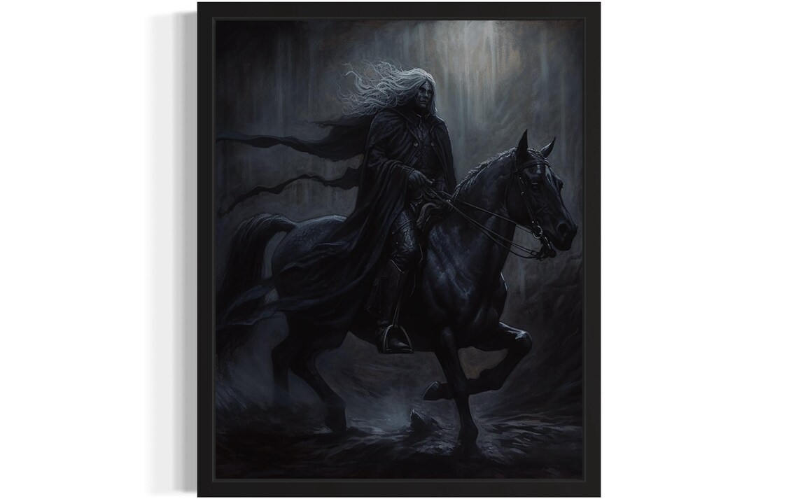 Dark Knight Riding A Black Horse At Midnight Epic Fantasy Poster