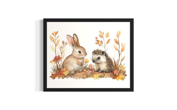 Rabbit And Hedgehog Animal In Harmony Forest Wildlife Poster Art Print Living Room Wall Original Painting Artwork Decor
