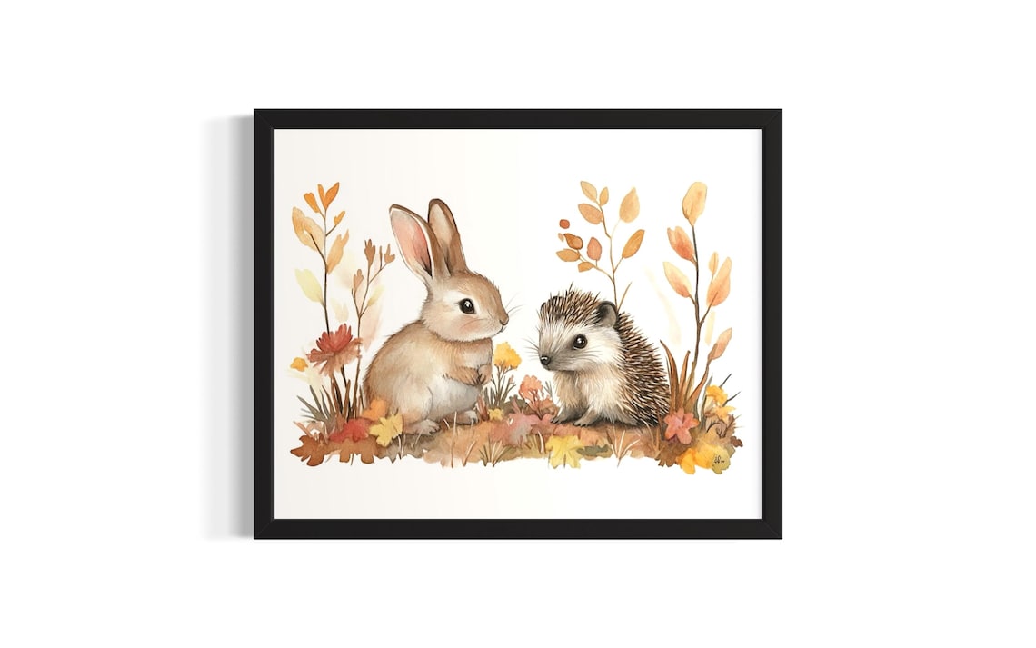 Sweet Rabbit and Hedgehog Among Autumn Flowers Watercolor Poster
