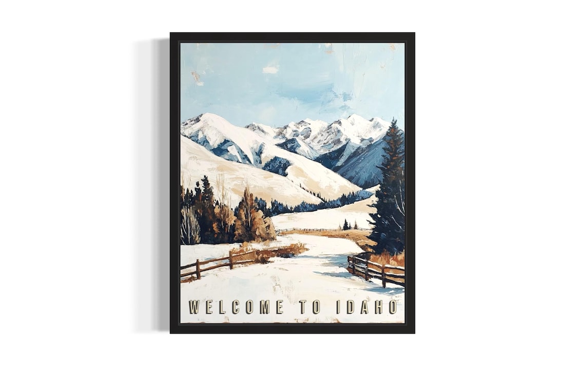 Welcome to Idaho Snowy Winter Mountains Fence Vintage Style Poster