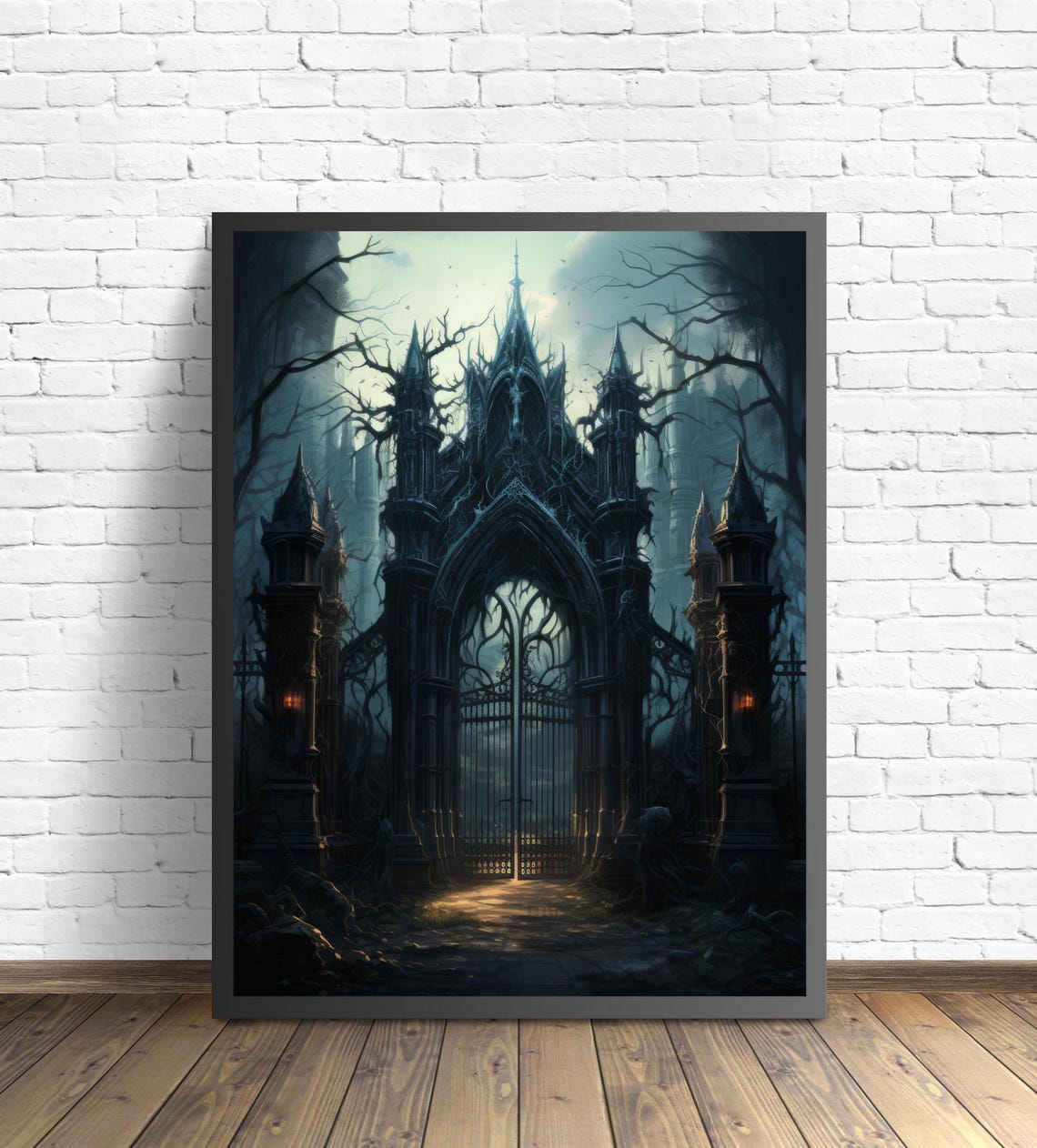 Gothic Cemetery Gates At Twilight Lantern Glow Spooky Poster