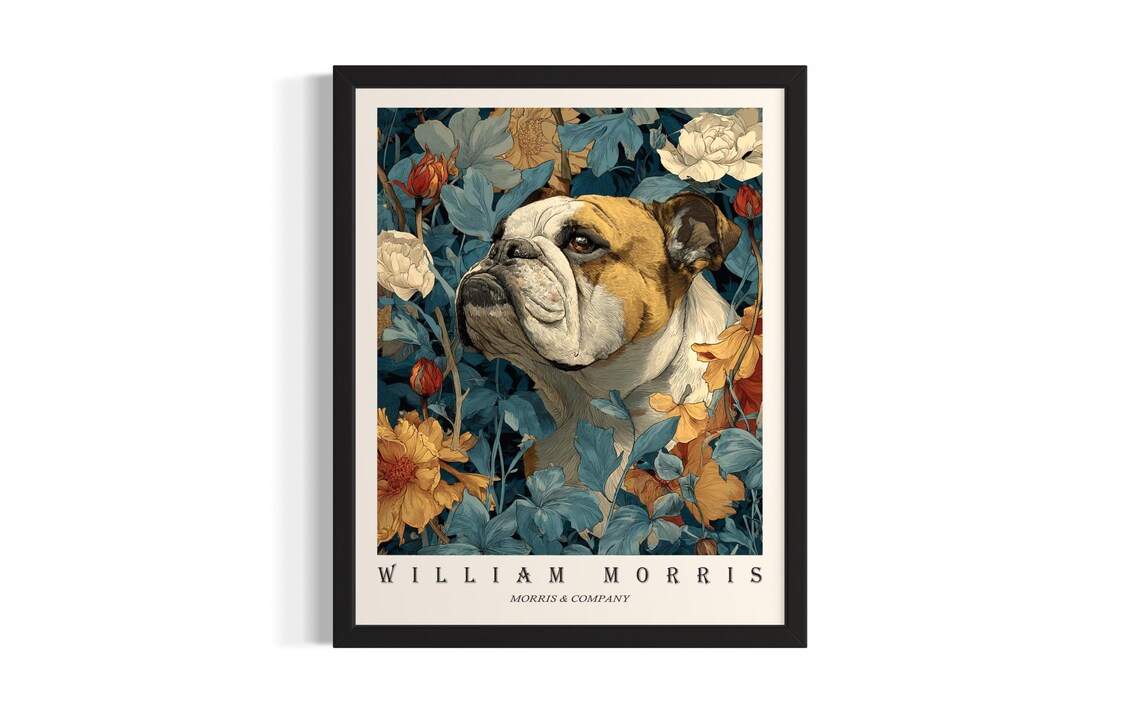 Bulldog William Morris Floral Botanical Dog Portrait Art Poster